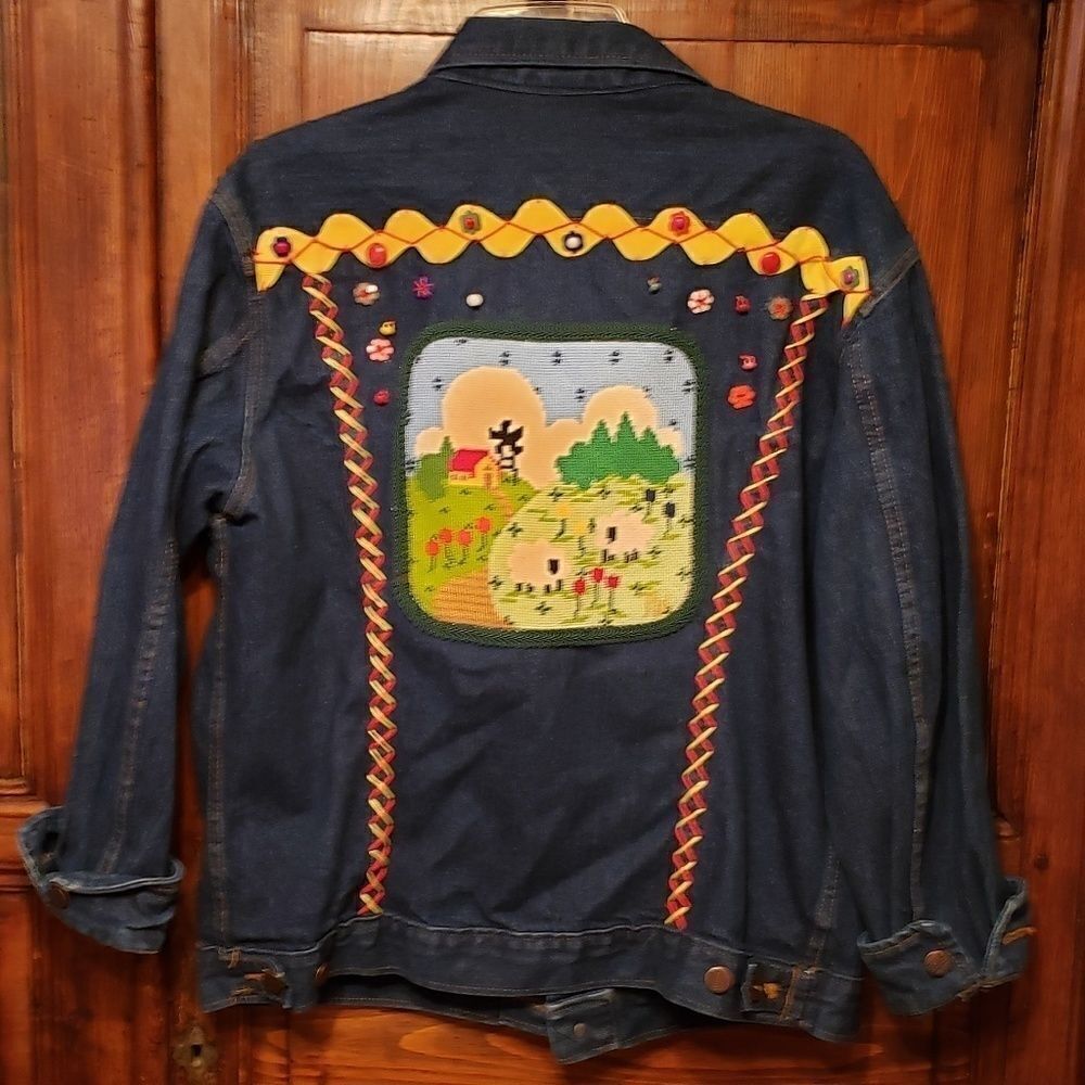 Vintage Denim Jacket Crochet Cross stitch Flowers - Picture 1 of 8